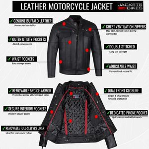 Men's Premium <b>Buffalo</b> Leather <b>Motorcycle</b> <b>Jacket</b> for Commuters CE Armor Utility Pockets Street Cruiser Motorbike Biker Gear Size - Product Image 5