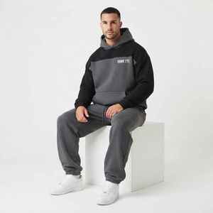 Survêtement à capuche pour homme, gris et noir, avec blocs de couleur, décontracté, pantalon long à cordon de serrage avec poches, coupe ample, pour l'automne - Product Image 4