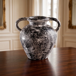 Home Basket Bali Antique Stone Look Handmade <b>Ceramic</b> <b>Vase</b> with Handles Rustic Weathered Tabletop for Home Decor - Product Image 3