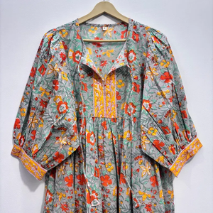 Vestido Casual Midi de Algodón Tejido con Estampado Floral para Mujer, Mangas Abullonadas, Cintura Imperio, Estilo Babydoll, Cuello en V, Corte Holgado - Product Image 4