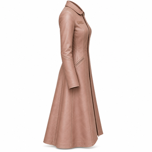 Womens Genuine Leather Long Duster <b>Coat</b> Dusty Rose Pink Tailored Slim Trench Jacket <b>Flared</b> Hem Turn Down Collar Button Outerwear - Product Image 3