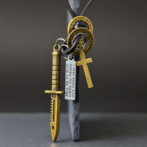 Fashion Necklace Knight Golden Sword Pendant 2.5-Inch Pure Stainless Steel with Adjustable Leather <b>Rope</b> for Men & Boys - Product Image 2