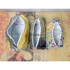 Kantha Quilted Eco-Friendly Waterproof Vintage Multi-Function Cosmetic Organizer Makeup Pouches Durable Zipper Tassel Cotton - Product Image 5