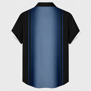 Chemise à manches courtes pour homme, noire et bleue, avec empiècements contrastés, style moderne et décontracté, boutonnée. - Product Image 4