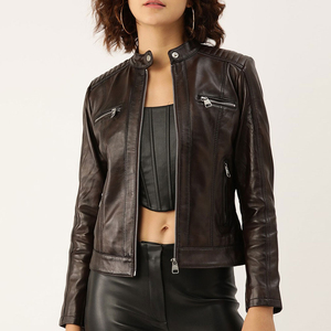 Blouson aviateur en cuir véritable marron REBA SPORTS IMPEX pour femme, manches longues, col montant, simple boutonnage, respirant, fermeture éclair. - Product Image 1