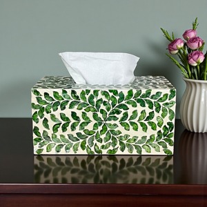 Boîte à mouchoirs décorative artisanale en os incrusté de feuilles vertes, idéale pour un cadeau élégant, vente en gros depuis l'Inde - Product Image 3