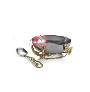 Cuenco para servir con cuchara, cuenco de lujo de Metal para servir alimentos, cuenco de acero inoxidable a precio mayorista con soporte con acabado dorado - Product Image 1