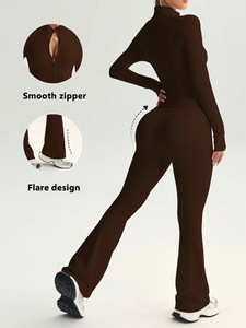 Women 2 Piece Yoga Set Long Sleeve Zip Jacket <b>Flare</b> Pants High Waist Butt Lifting Workout Gym Activewear Tracksuit Custom Logo - Product Image 4