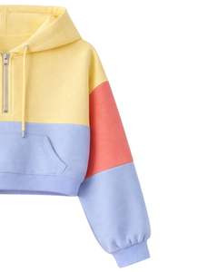 Conjunto de dos piezas casual para mujer: Sudadera corta con cremallera y pantalones cortos con bloques de color amarillo, azul y naranja, bolsillos tipo cargo, de poliéster y algodón, al por mayor. - Product Image 2