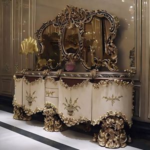 Royal Luxury Solid Teak Wood <b>Console</b> <b>Table</b> Triple Wall Mirror Set <b>Gold</b> Carved Sideboard Cabinet Living Room Buffet Furniture - Product Image 1