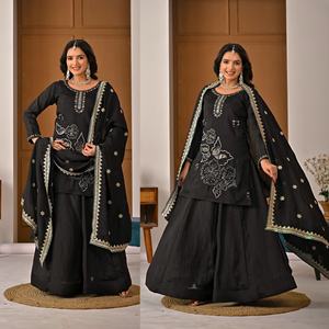 Ensemble Kurti et pantalon en rayonne et coton brodé de qualité supérieure, avec travail au fil de coton Chanderi, tenue ethnique festive MW5067 -DC - Product Image 5