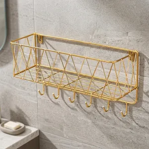 Panier de rangement mural flottant pour salle de bain, organisateur suspendu en métal robuste, finition dorée - Product Image 6