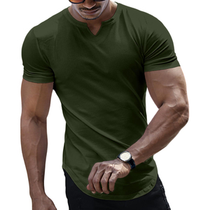 T-shirt en maille à col rond et manches courtes pour homme, vert olive, coupe ajustée, couleur unie, polyester, logo frontal, respirant - Product Image 4