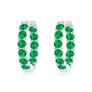Élégantes boucles d'oreilles créoles émeraude taille ronde, effet inversé |   Bijoux fins personnalisés de mariage en or blanc 14 carats, cadeau pour fiancé - Product Image 1