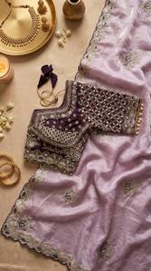 Sari de lujo con bordado de loto y blusa con latkan elegante, sari tradicional indio para mujer - Product Image 3