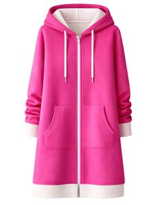 Sweat-shirt à capuche long rose vif pour femme, en polaire, avec poches kangourou, vêtement d'hiver décontracté et chaud, fabrication OEM personnalisée - Product Image 1
