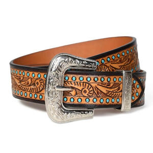Ceinture unisexe en cuir pleine fleur de vache, style polyvalent, avec gravure florale et boucle en laiton design. - Product Image 6