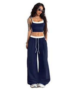 Ensemble 2 pièces pour femmes, col carré, haut court, pantalon large, coupe décontractée, 100% coton, printemps été, couleur unie, tenue tricotée - Product Image 1