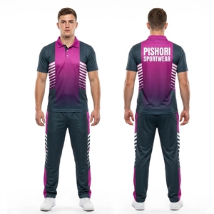Uniforme de Cricket Personalizado con Cuello Azul Marino y Magenta, Jersey Deportivo Ligero de Poliéster, Pantalones Deportivos Oscuros - Product Image 1
