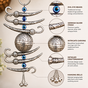 Décoration de porte principale en argent allemand avec pendentif Nimbu Mirchi, perles anti-mal et clochettes décoratives pour l'entrée de la maison - Product Image 4