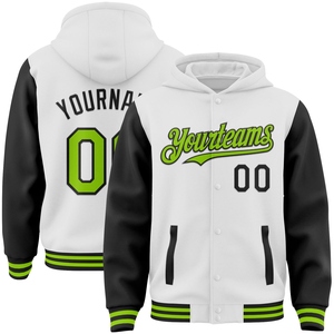 เสื้อแจ็คเก็ตฮู้ดดี้แบบมีกระดุมสองสี ขาว-เขียว-ดำ รุ่น Varsity Letterman ของ OMMIZ INDUSTRY ขายส่งโดยตรง - Product Image 1