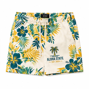 Shorts de bain hawaïens pour hommes, séchage rapide, motif floral tropical, avec poches, taille élastique et cordon de serrage, pour les vacances d'été - Product Image 1