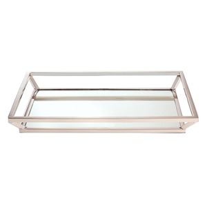 Rectangular <b>Mirrored</b> Storage <b>Tray</b> With Polished Metal Frame Minimalist Design For Table Top Use - Product Image 1