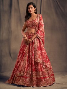 Lehenga Choli en organza rouge à fleurs, brodé de sequins et de zari, tenue de mariage, robe de soirée pour femmes - Product Image 4
