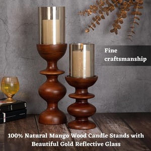 Supports à bougies en bois pour la décoration de la maison avec ensemble de 2 bougeoirs en verre, support à bougies en bois de manguier, décoration de table à manger, forme ronde ondulée - Product Image 3