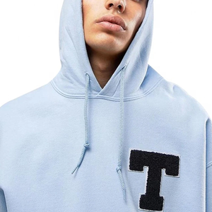 Sudadera con Capucha Azul Claro para Hombre, Corte Holgado, Letra T Bordada, Bolsillo Delantero, Informal, de Felpa, Tejida, para Otoño - Product Image 3