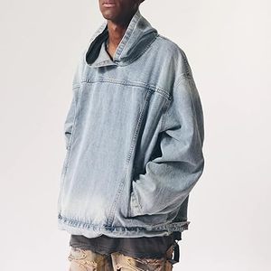 New Arrival <b>Men's</b> Clothing Pullover Denim Jeans Hoodie Custom Acid Washed <b>Raincoat</b> Jeans Hooded Breathable Sun Faded Hoodie - Product Image 4