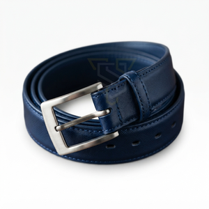 Formal Men's Navy Blue Cow Hide Leather <b>Belt</b> With <b>Silver</b> Rectangular Pin <b>Buckle</b> Solid Design - Product Image 1