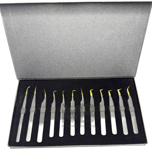 Precision Stainless Steel Eyelash Tweezers <b>Set</b> with Gold Tips Anti-Magnetic & Durable in Black Box Packaging for Lash Artists - Product Image 2