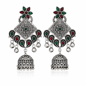 Large Quantity Brass Oxidized Silver Ethnic Indian Bollywood Jhumka Antique Pear Cut Bezel Setting <b>Crystal</b> <b>Studded</b> Women's - Product Image 1