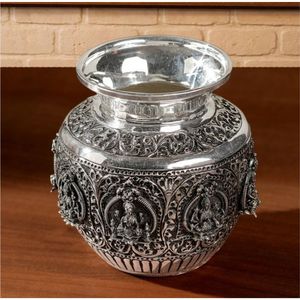 Handcrafted Silver Metal Kalash Pot Antique Carved Floral Vases <b>Decorative</b> Brass Bowl For Pooja Diwali Gift Hindu Festive <b>Decor</b> - Product Image 6