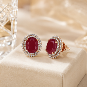Pendientes de Oro Rosa de 14K de Lujo con Rubí Ovalado y Halo de Diamantes para Mujer, Joyería Fina para Novia, Boda o Aniversario - Product Image 2