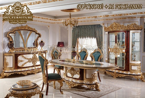 Royal King ชุดโต๊ะรับประทานอาหารไม้แกะสลักสีทอง,หรูหราไม้สักรับประทานอาหารบ้านเฟอร์นิเจอร์หรูหราเก้าอี้โต๊ะไม้หลวง - Product Image 4