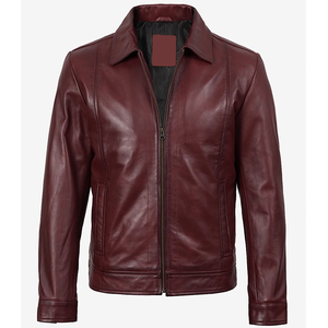 Chaquetas de Cuero Genuino Borgoña para Hombre, Modelo OEM 2026, Cuello Camisero, Cierre de Cremallera, Corte Regular, Uso Casual, Impermeables - Product Image 1