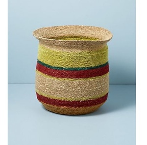 Panier de rangement rond en jonc de mer, style bohème minimaliste, bleu beige rayé, tissé avec poignées, panier à linge, organisateur - Product Image 3