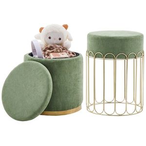 Set of 2 Round Velvet Upholstered Vanity <b>Stool</b> Footrest Living Room Side Table with Removable Lid <b>Storage</b> Ottomans - Product Image 1