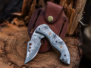 Navaja de Bolsillo Plegable de Acero de Damasco Hecha a Mano con Funda de Cuero y Mango de Acero de Damasco para Camping, Supervivencia y Uso General OEM - Product Image 3