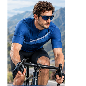 Maillot de cyclisme bleu pour homme, manches courtes, extensible, en spandex/polyester, avec rayures blanches et design numéro un - Product Image 2