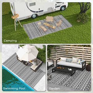 Portable 9x18 <b>Boho</b> Outdoor Rug Reversible Gray and Cream White with Carry <b>Bag</b> for RV Camping Patio Mat - Product Image 5
