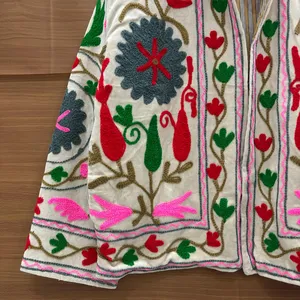 Elegant Ivory <b>Velvet</b> Floral Embroidered Suzani <b>Jacket</b> Full Sleeve Stand Collar Handmade Bohemian Winter Outerwear - Product Image 2