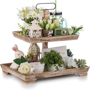 Marque privée Plateau de service à 2 niveaux en bois rustique Plateau d'art en métal inspiré de la ferme de Noël Support de comptoir de cuisine Thanksgiving - Product Image 2