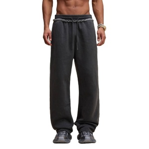 Pantalon en coton épais délavé, coupe large, taille élastique, anti-boulochage, style streetwear vintage - Product Image 1