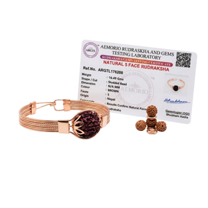 5 Mukhi Rudraksha <b>Copper</b> Openable <b>Bracelet</b> with Pyrite Tiger Eye & Hemetite and Buddha Charm-Unisex Gift for Hinduism - Product Image 2