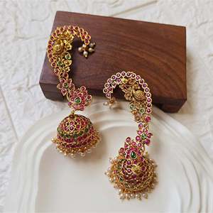 Vintage Peacock Drop Ear Cuffs for Bride-Pearl and Diamond Accents - Product Image 3