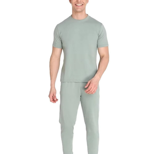 Men's Light Green Crew Neck Short Sleeve T-Shirt Full Length Pants Solid Color Casual Tracksuit Breathable 100% Cotton Tracksuit - Product Image 1