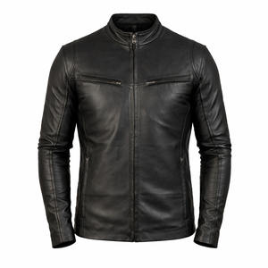 Chaqueta de cuero genuino negra para hombre, corte ajustado, cuello alto, estilo motero, con cremallera, abrigo informal para motocicleta, fabricante OEM - Product Image 1